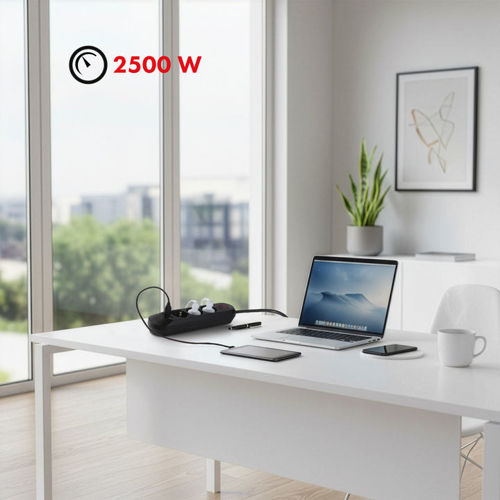 Multiprise Maclean, rallonge 3 prises + 3xUSB, 110-240V AC 50/60Hz, 2.1A max 2500W, 1.5m, noir, MCE394 B