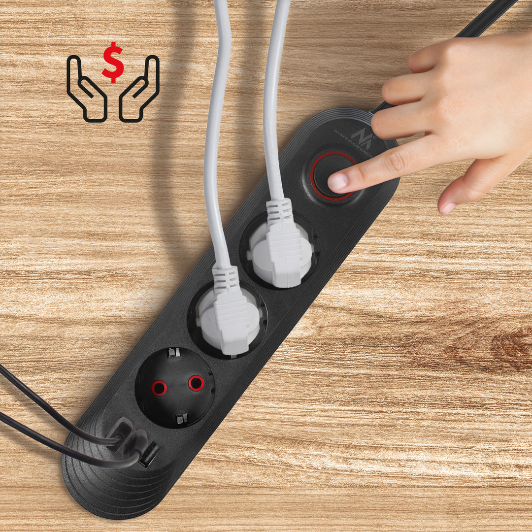Multiprise Maclean, rallonge 3 prises + 3xUSB, 110-240V AC 50/60Hz, 2.1A max 2500W, 1.5m, noir, MCE394 B