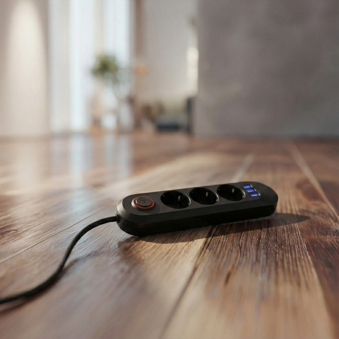 Multiprise Maclean, rallonge 3 prises + 3xUSB, 110-240V AC 50/60Hz, 2.1A max 2500W, 1.5m, noir, MCE394 B