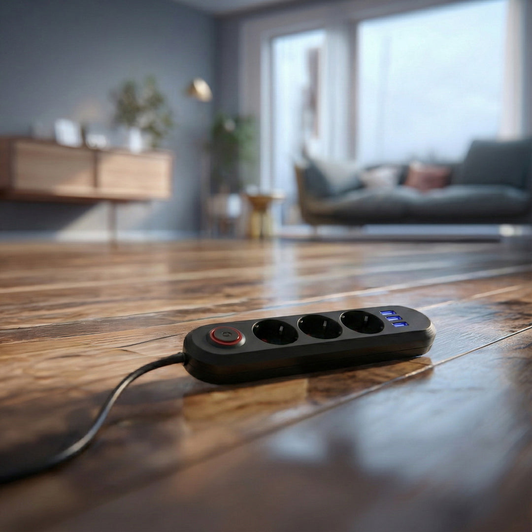 Multiprise Maclean, rallonge 3 prises + 3xUSB, 110-240V AC 50/60Hz, 2.1A max 2500W, 1.5m, noir, MCE394 B