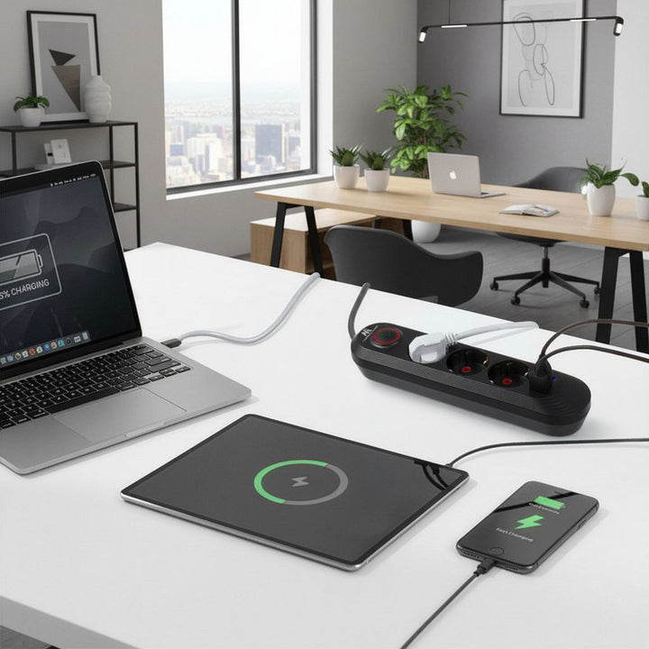 Multiprise Maclean, rallonge 3 prises + 3xUSB, 110-240V AC 50/60Hz, 2.1A max 2500W, 1.5m, noir, MCE394 B