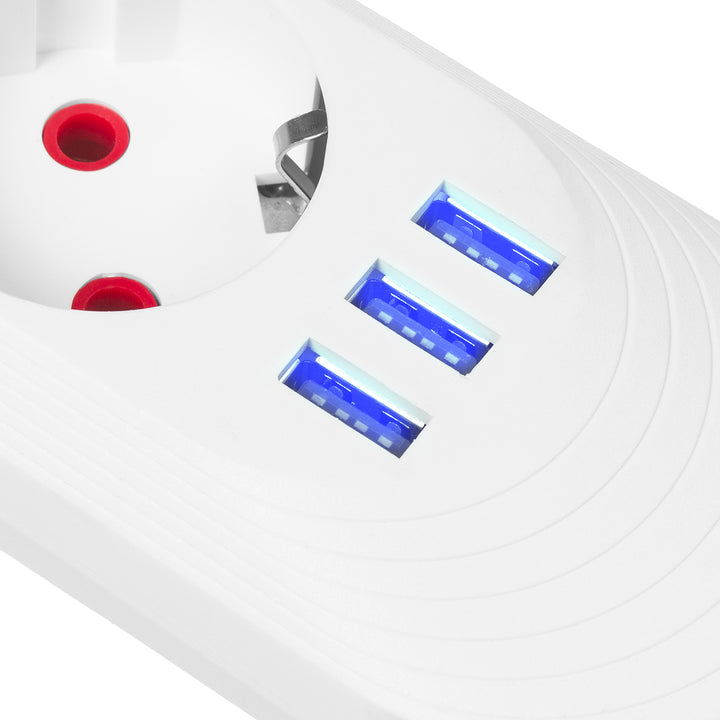 Multiprise Maclean, câble d'extension 5 prises + 3xUSB, 110-240V AC 50/60Hz, 2.1A max 2500W, 1.5m, blanc, MCE395 W