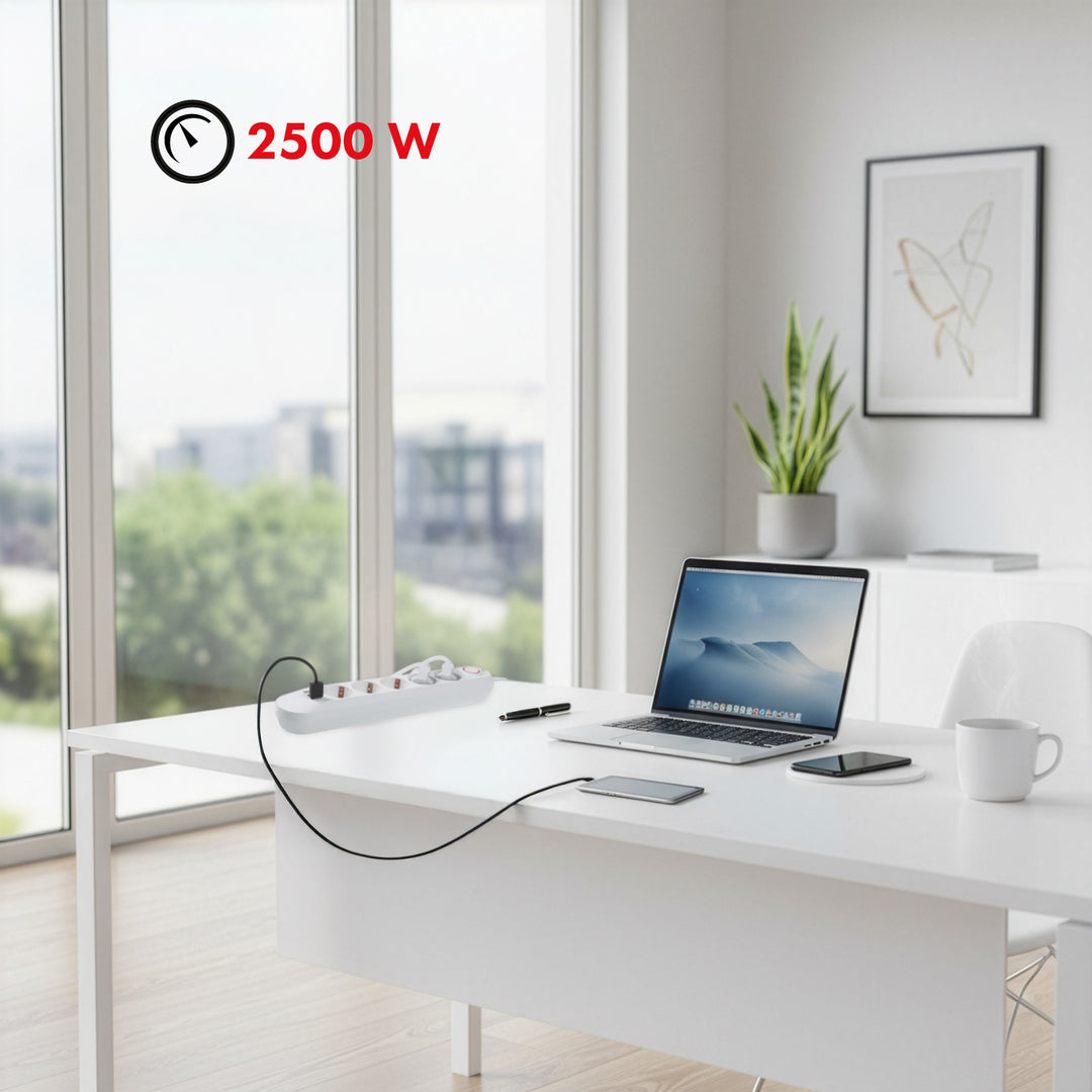 Multiprise Maclean, câble d'extension 5 prises + 3xUSB, 110-240V AC 50/60Hz, 2.1A max 2500W, 1.5m, blanc, MCE395 W