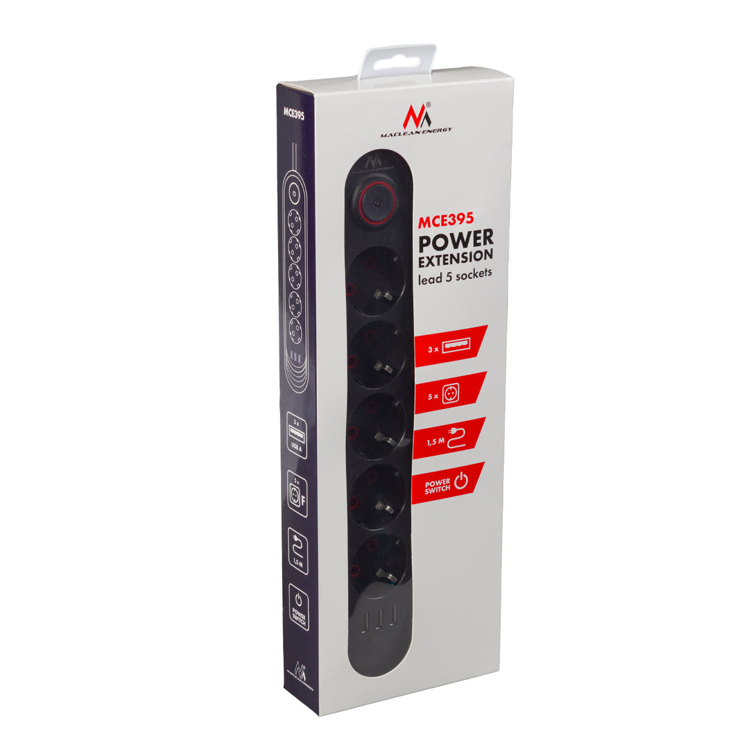 Multiprise Maclean, câble d'extension 5 prises + 3xUSB, 110-240V AC 50/60Hz, 2.1A max 2500W, 1.5m, noir, MCE395 B