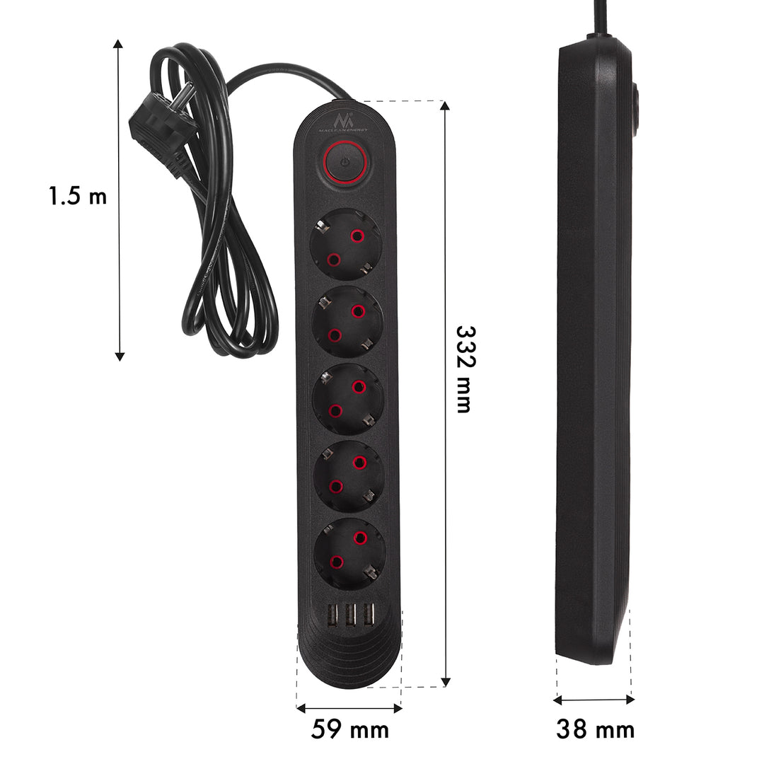 Multiprise Maclean, câble d'extension 5 prises + 3xUSB, 110-240V AC 50/60Hz, 2.1A max 2500W, 1.5m, noir, MCE395 B