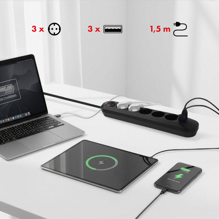 Multiprise Maclean, câble d'extension 5 prises + 3xUSB, 110-240V AC 50/60Hz, 2.1A max 2500W, 1.5m, noir, MCE395 B