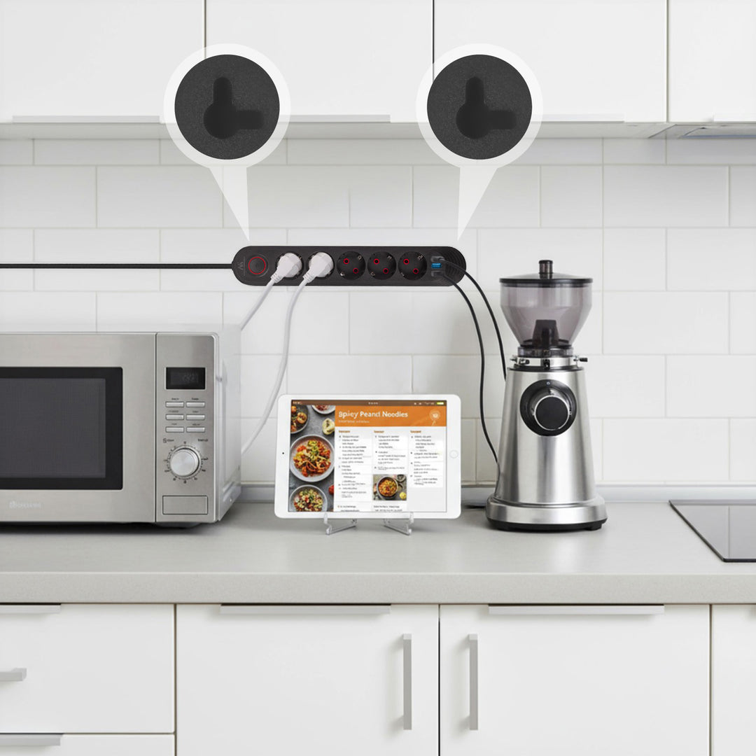 Multiprise Maclean, câble d'extension 5 prises + 3xUSB, 110-240V AC 50/60Hz, 2.1A max 2500W, 1.5m, noir, MCE395 B