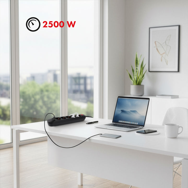 Multiprise Maclean, câble d'extension 5 prises + 3xUSB, 110-240V AC 50/60Hz, 2.1A max 2500W, 1.5m, noir, MCE395 B