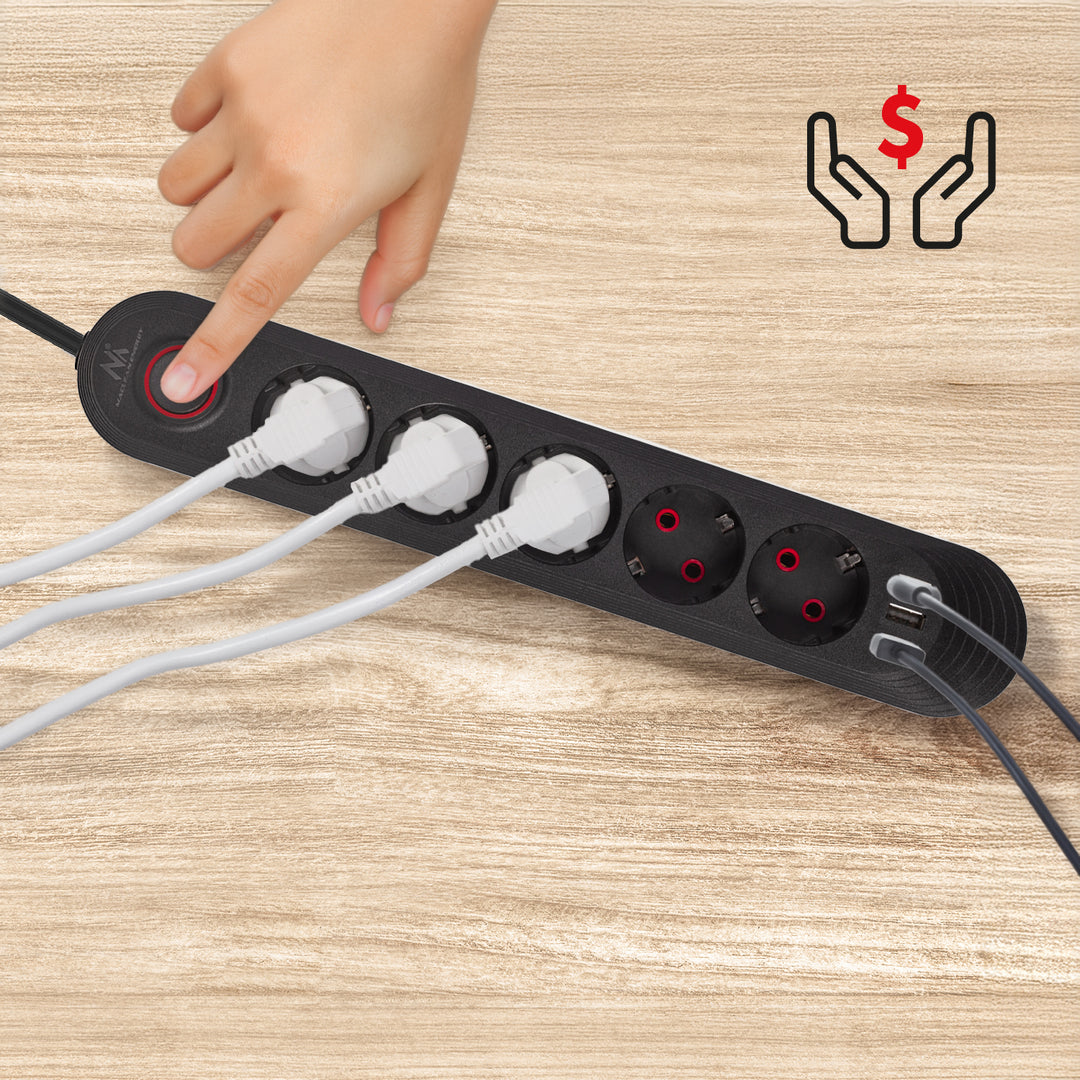 Multiprise Maclean, câble d'extension 5 prises + 3xUSB, 110-240V AC 50/60Hz, 2.1A max 2500W, 1.5m, noir, MCE395 B