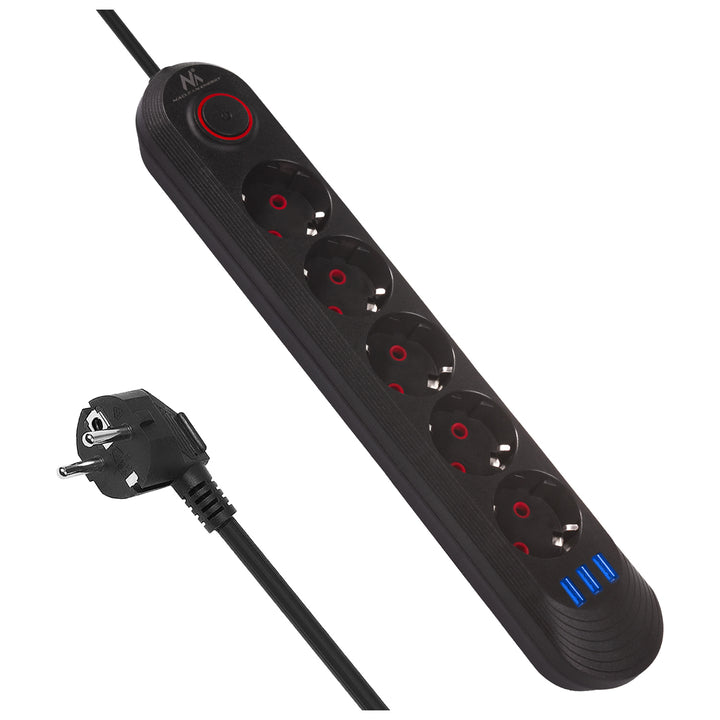 Multiprise Maclean, câble d'extension 5 prises + 3xUSB, 110-240V AC 50/60Hz, 2.1A max 2500W, 1.5m, noir, MCE395 B