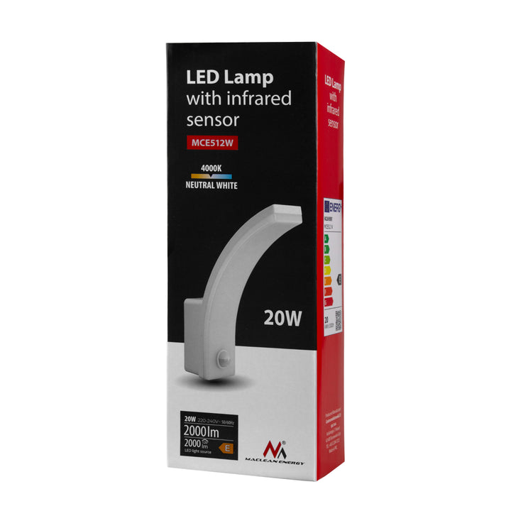 Détecteur de mouvement Maclean Lampe LED, détecteur de mouvement PIR, blanc, 20W, IP65, 2000lm, blanc neutre (4000K) MCE512 W, 4 pièces