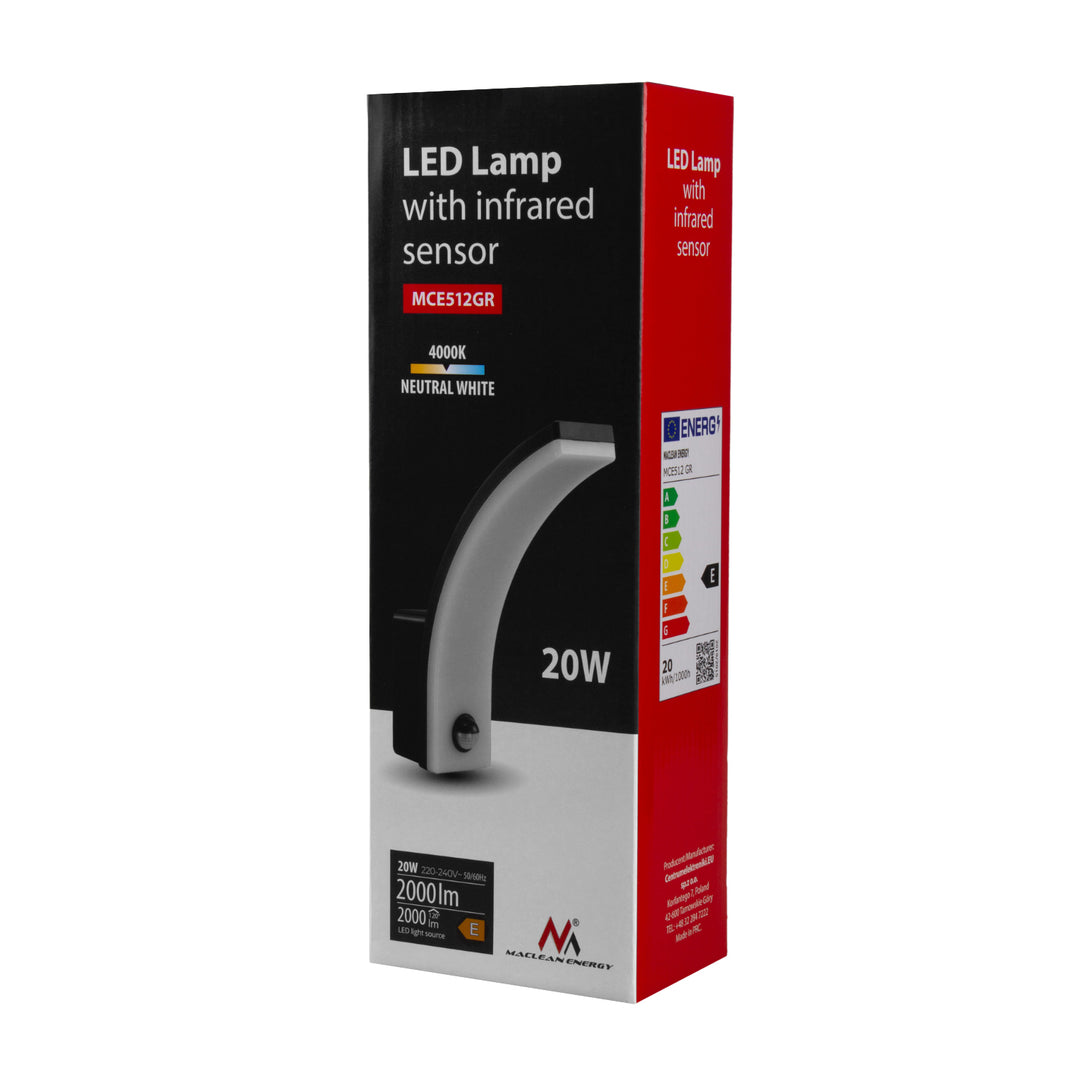 Détecteur de mouvement Maclean Lampe LED, détecteur de mouvement PIR, gris, 20W, IP65, 2000lm, blanc neutre (4000K) MCE512 GR, 2 pièces