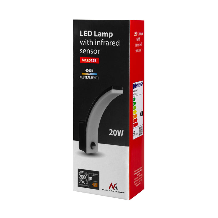 Détecteur de mouvement Maclean Lampe LED, détecteur de mouvement PIR, noir, 20W, IP65, 2000lm, blanc neutre (4000K) MCE512 B, 2 pièces