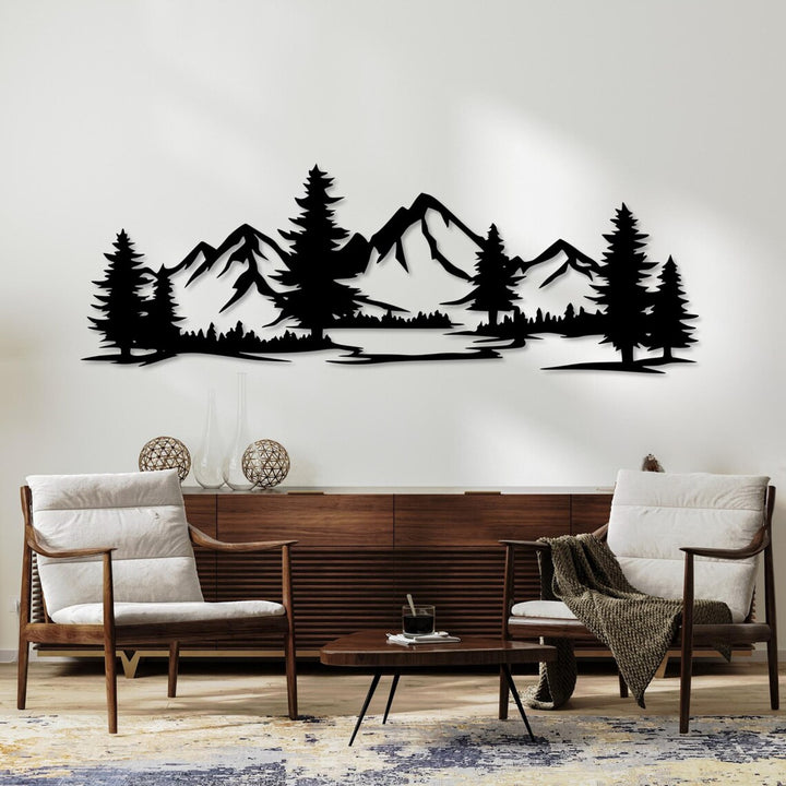 Tableau ajouré, décoration murale 3D, tableau 3D "Montagnes avec forêt" 67x23cm Noir