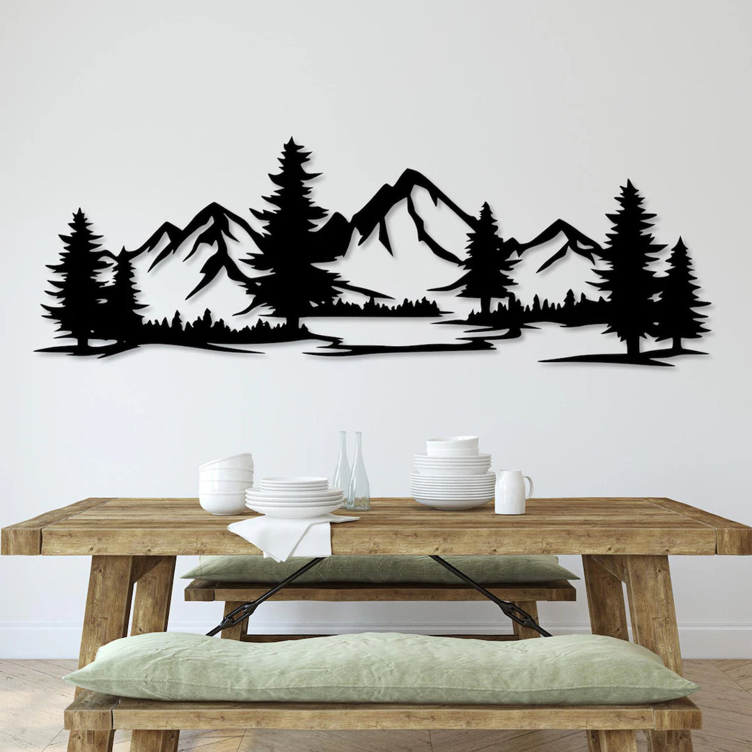 Tableau ajouré, décoration murale 3D, tableau 3D "Montagnes avec forêt" 67x23cm Noir