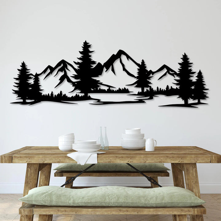 Tableau ajouré, décoration murale 3D, tableau 3D "Montagnes avec forêt" 67x23cm Noir