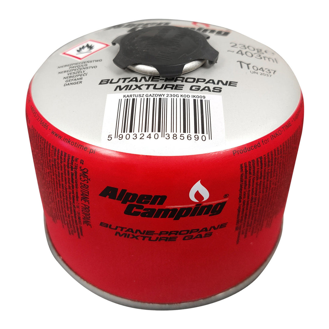 Cartouche de gaz 230g Alpen Camping, certificat : Pi 0656, conforme à la norme EN417, propane-butane, plage de -10°C à + 40°C, valve filetée 7/16" IK009