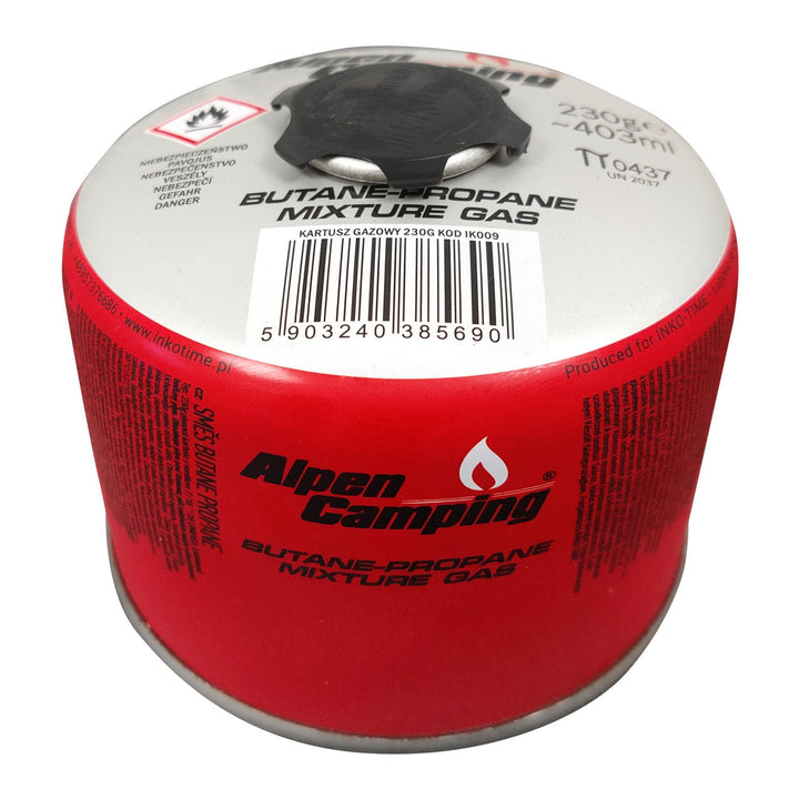 Cartouche de gaz 230g Alpen Camping, certificat : Pi 0656, conforme à la norme EN417, propane-butane, plage de -10°C à + 40°C, valve filetée 7/16" IK009