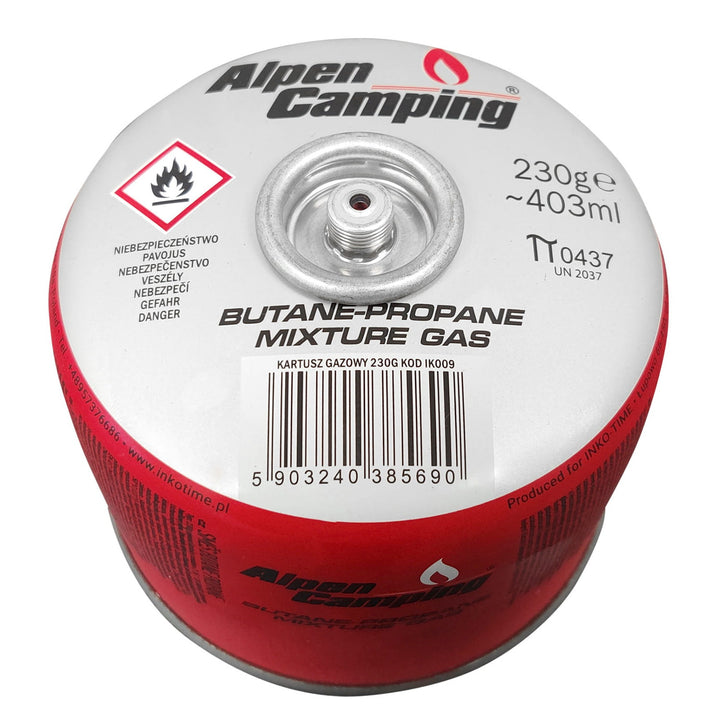 Cartouche de gaz 230g Alpen Camping, certificat : Pi 0656, conforme à la norme EN417, propane-butane, plage de -10°C à + 40°C, valve filetée 7/16" IK009