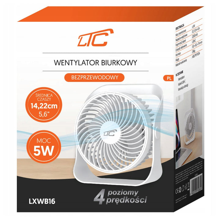 Ventilateur de bureau sans fil LTC, chargeur USB C, 4 niveaux de vitesse, batterie 2000 mAh, LXWB16