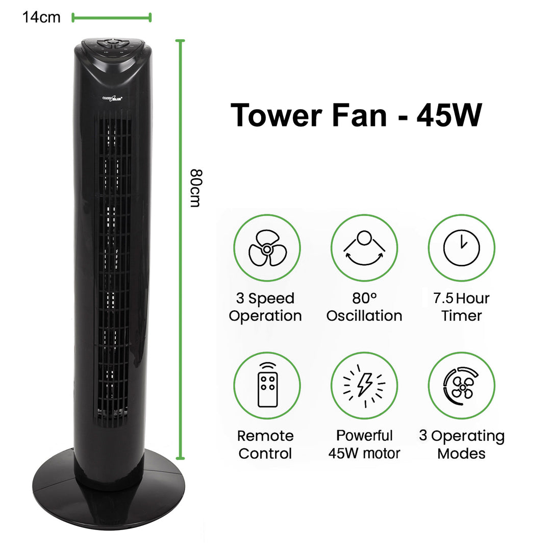 Ventilateur colonne GreenBlue 45W avec 3 niveaux de puissance, 82cm de haut, 1,5m de câble, avec télécommande et minuterie GB645 avec prise UK