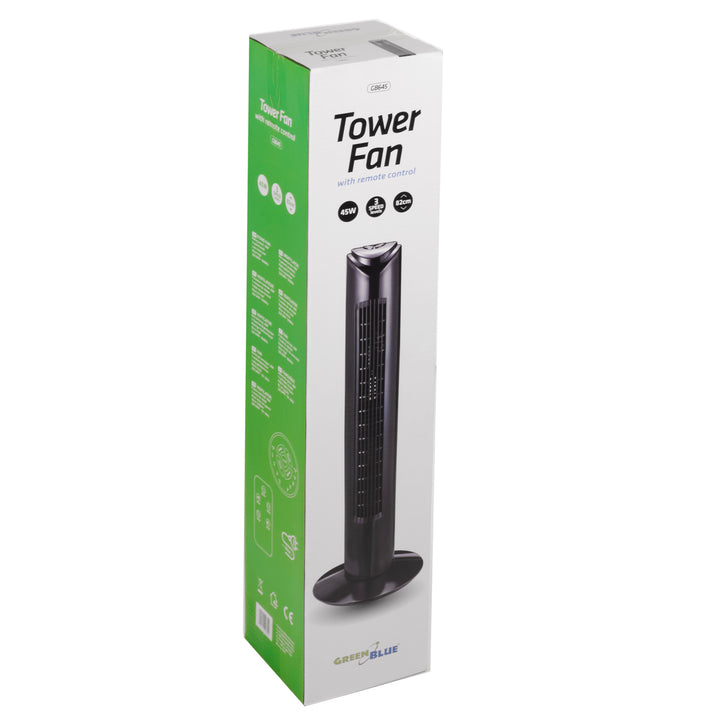 Ventilateur colonne GreenBlue 45W avec 3 niveaux de puissance, 82cm de haut, 1,5m de câble, avec télécommande et minuterie GB645 avec prise UK