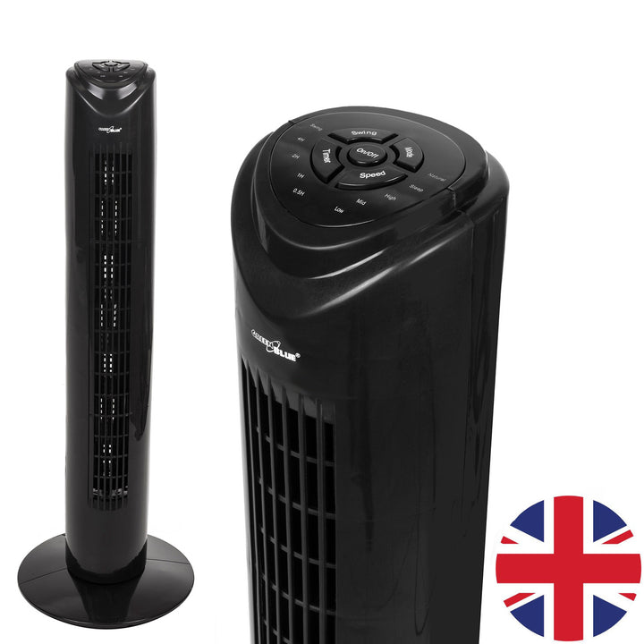Ventilateur colonne GreenBlue 45W avec 3 niveaux de puissance, 82cm de haut, 1,5m de câble, avec télécommande et minuterie GB645 avec prise UK