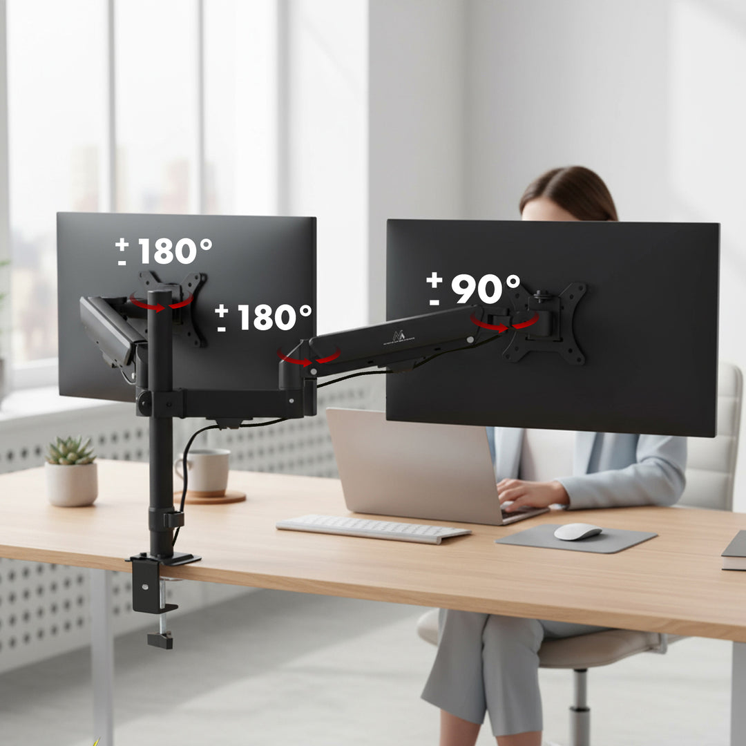 Support pour 2 moniteurs Maclean, ressort à gaz, 17"-32", 2-10kg, noir, MC-136