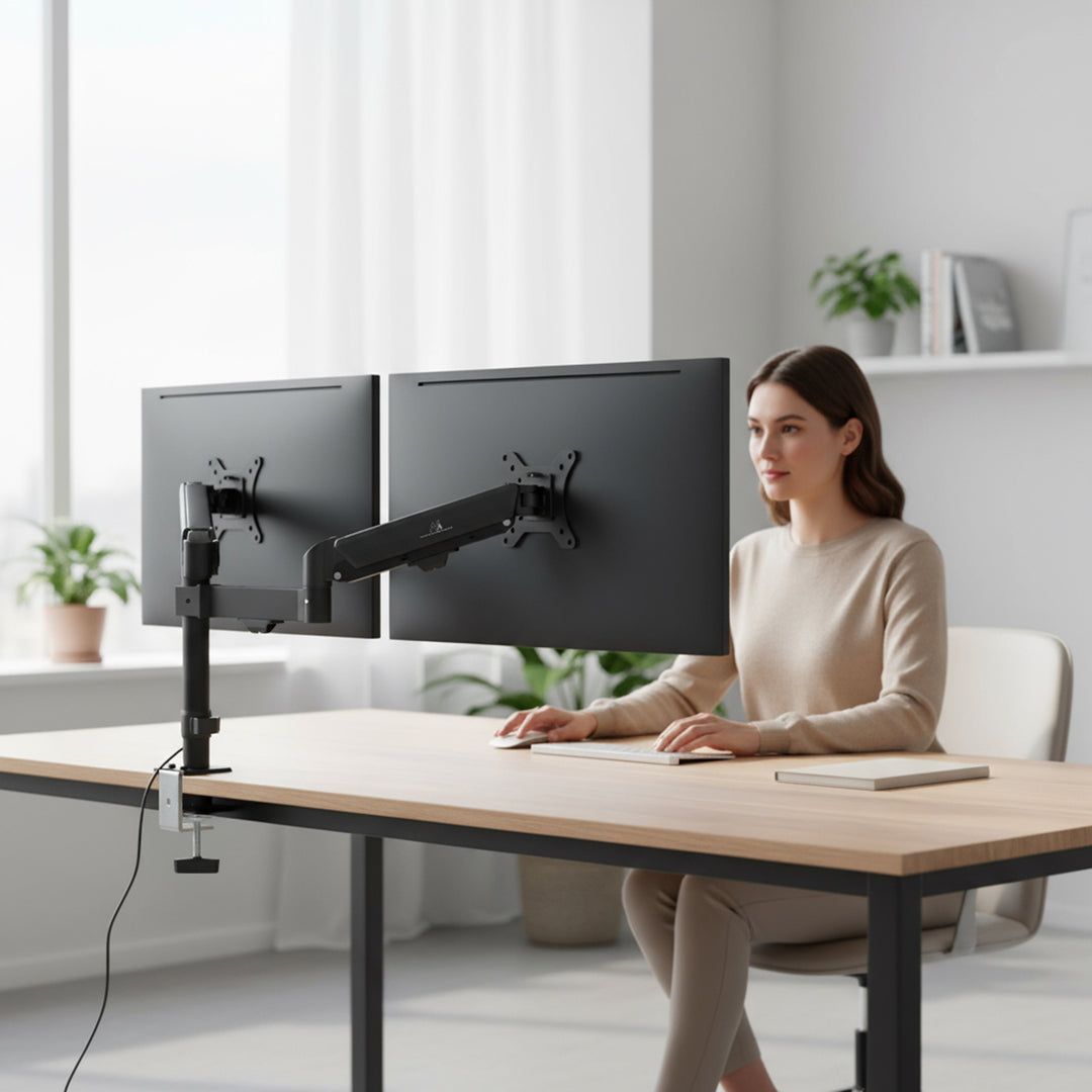 Support pour 2 moniteurs Maclean, ressort à gaz, 17"-32", 2-10kg, noir, MC-136