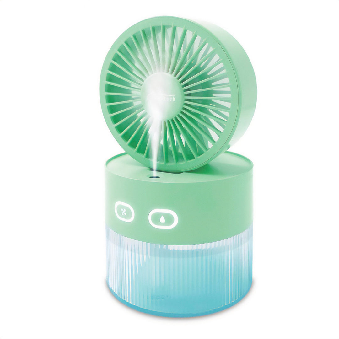 Ventilateur de bureau avec humidification de l'air. Capacité de 350 ml. Brouillard de 40ml/h. Alimentation par USB-C.