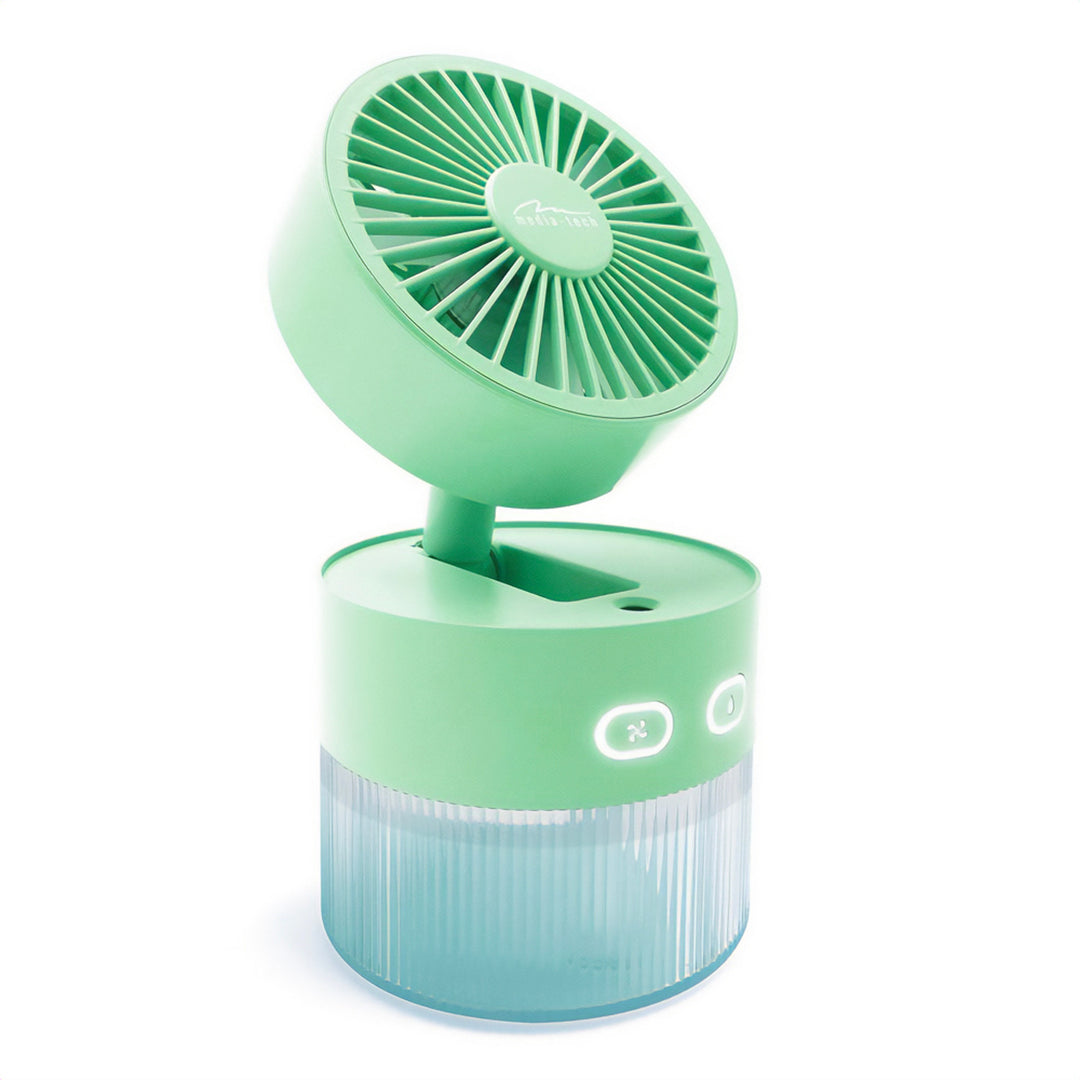 Ventilateur de bureau avec humidification de l'air. Capacité de 350 ml. Brouillard de 40ml/h. Alimentation par USB-C.