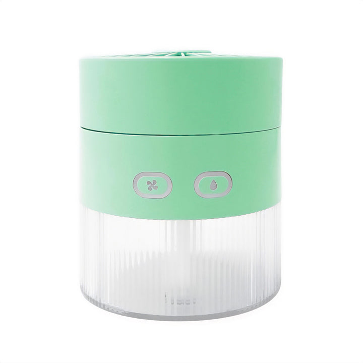Ventilateur de bureau avec humidification de l'air. Capacité de 350 ml. Brouillard de 40ml/h. Alimentation par USB-C.