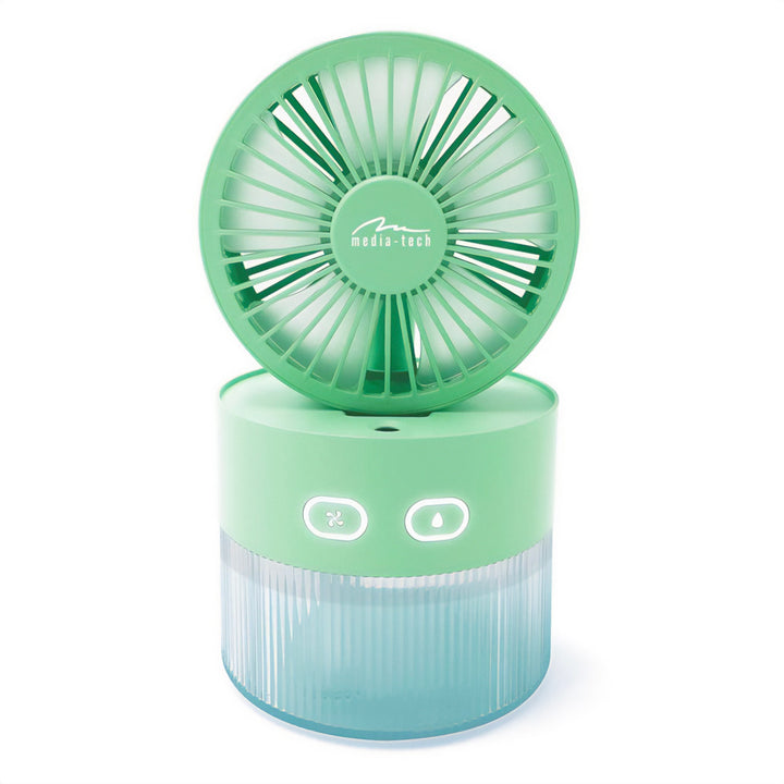 Ventilateur de bureau avec humidification de l'air. Capacité de 350 ml. Brouillard de 40ml/h. Alimentation par USB-C.