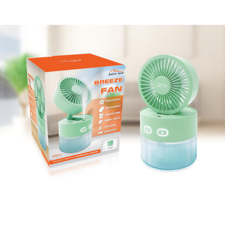 Ventilateur de bureau avec humidification de l'air. Capacité de 350 ml. Brouillard de 40ml/h. Alimentation par USB-C.