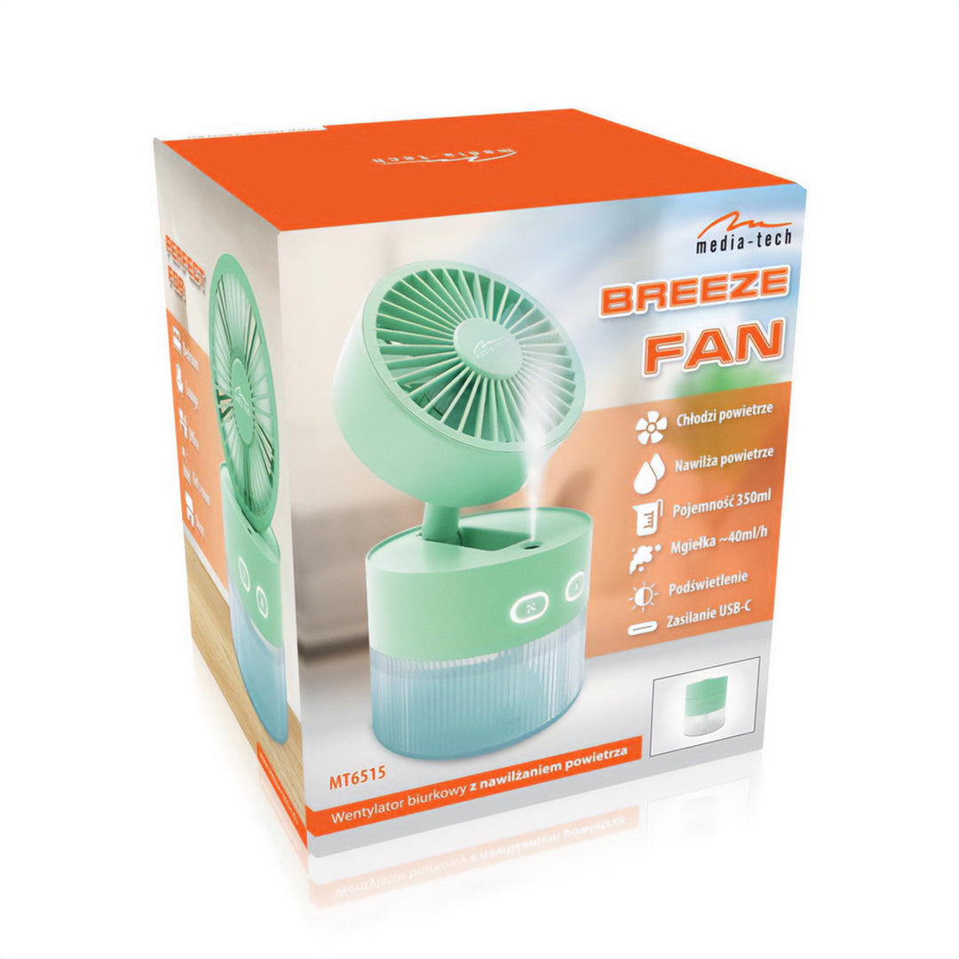 Ventilateur de bureau avec humidification de l'air. Capacité de 350 ml. Brouillard de 40ml/h. Alimentation par USB-C.