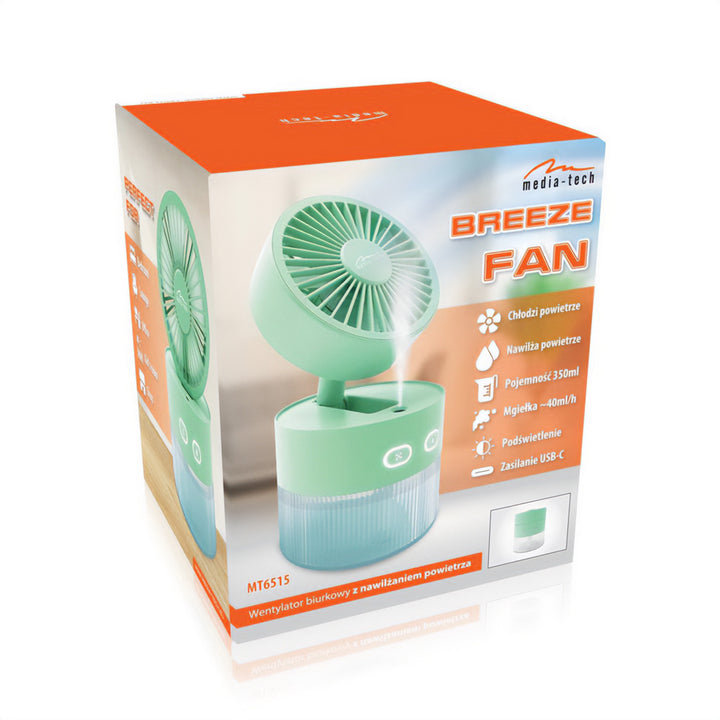 Ventilateur de bureau avec humidification de l'air. Capacité de 350 ml. Brouillard de 40ml/h. Alimentation par USB-C.