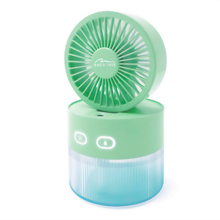 Ventilateur de bureau avec humidification de l'air. Capacité de 350 ml. Brouillard de 40ml/h. Alimentation par USB-C.