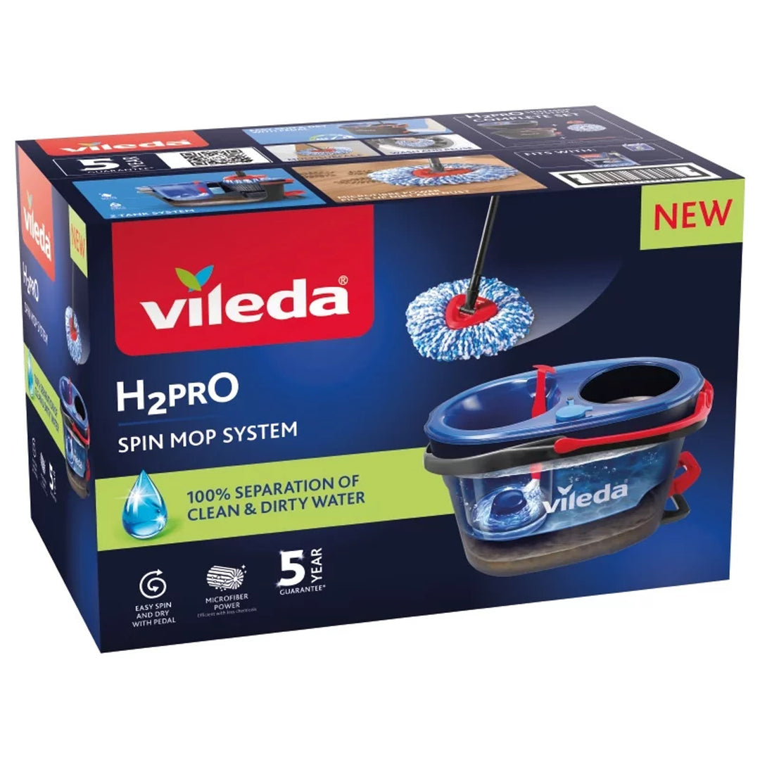 Balai rotatif Vileda, deux chambres, système de centrifugation, barre pliante, nettoyage facile des coins, turbo H2prO