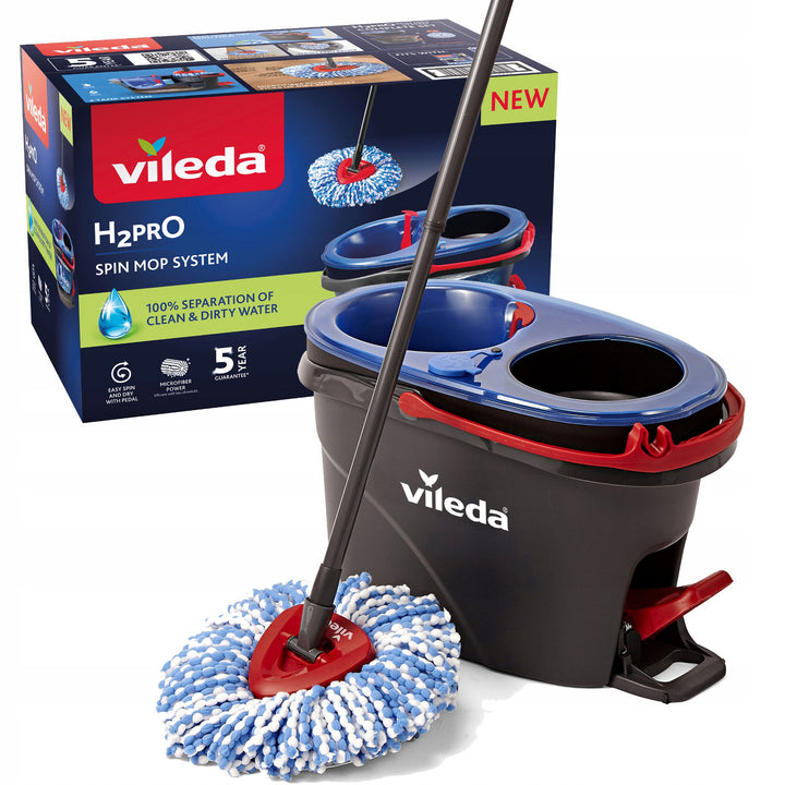 Balai rotatif Vileda, deux chambres, système de centrifugation, barre pliante, nettoyage facile des coins, turbo H2prO