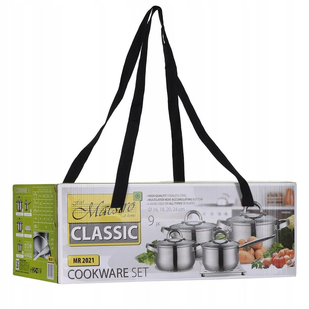 Batterie de cuisine 9 pièces Maestro 1,5L, 2L, 3L, 5L, acier inoxydable, lavable au lave-vaisselle, convient à tous les types de cuisinières, plaque chauffante, MR-2021