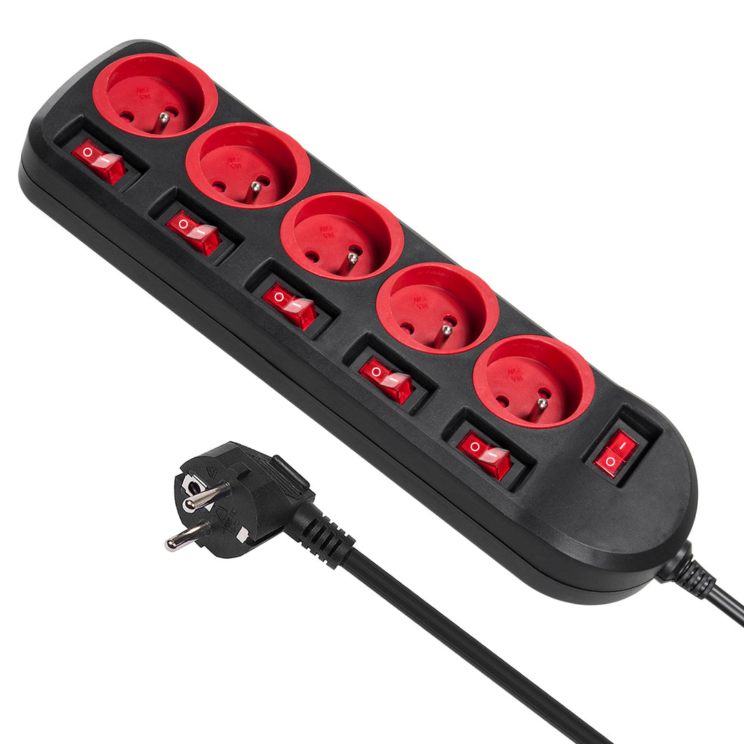 Maclean Power Strip, verlengsnoer met 5 stopcontacten, met schakelaars, 250VAC/10A, 1,5 m, MCE204, 2 stuks