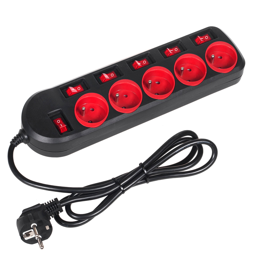 Maclean Power Strip, verlengsnoer met 5 stopcontacten, met schakelaars, 250VAC/10A, 1,5 m, MCE204, 2 stuks