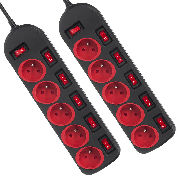 Maclean Power Strip, verlengsnoer met 5 stopcontacten, met schakelaars, 250VAC/10A, 1,5 m, MCE204, 2 stuks