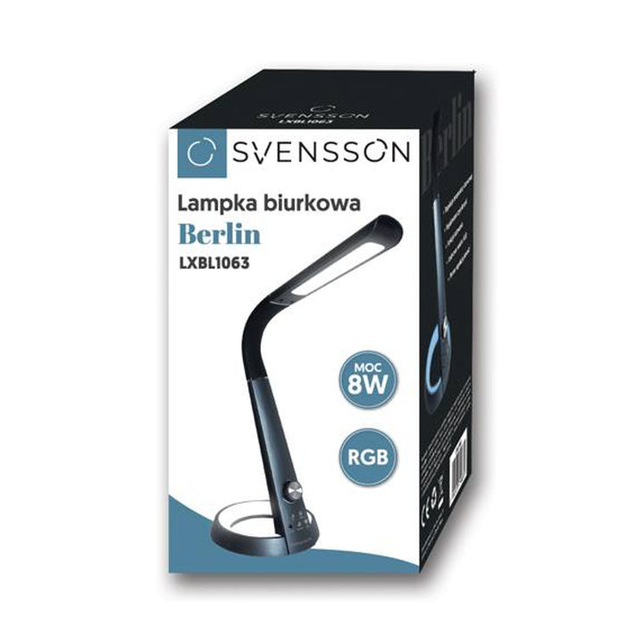 Svensson Bureaulamp, 450 lumen, 8W vermogen, drie lichttemperaturen, oplaadfunctie voor mobiele apparaten, RGB-voet, LXBL1063