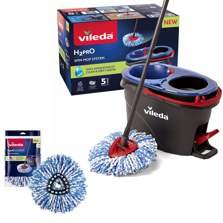 Mop rotatif Vileda, deux chambres, système de centrifugation, barre pliante, nettoyage facile des coins, turbo H2prO + cartouche supplémentaire