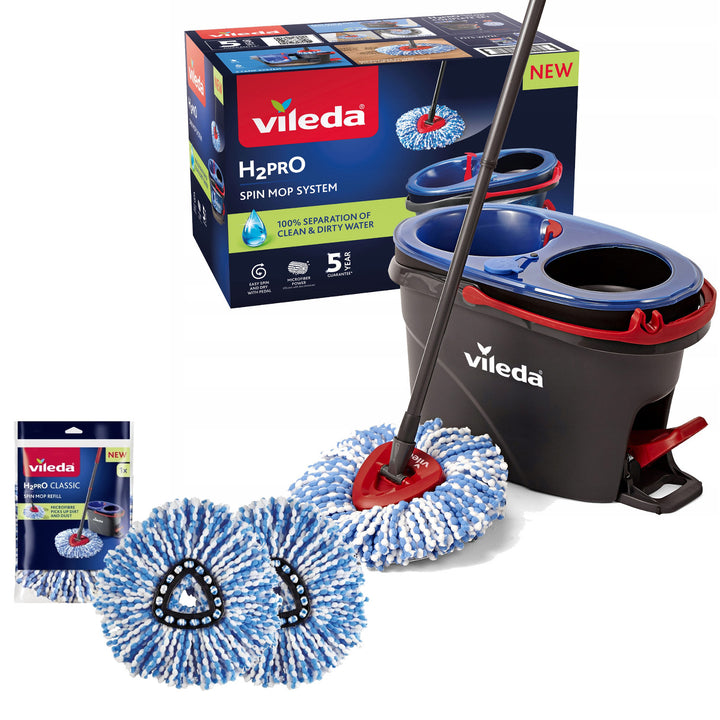 Mop rotatif Vileda, deux chambres, système de centrifugation, barre pliante, nettoyage facile des coins, turbo H2prO + 2 cartouches supplémentaires