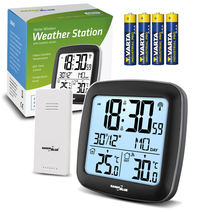 Station météo sans fil GreenBlue, avec DCF, calendrier, alarme, GB542 + 4x Varta Industrial AAA pile alcaline