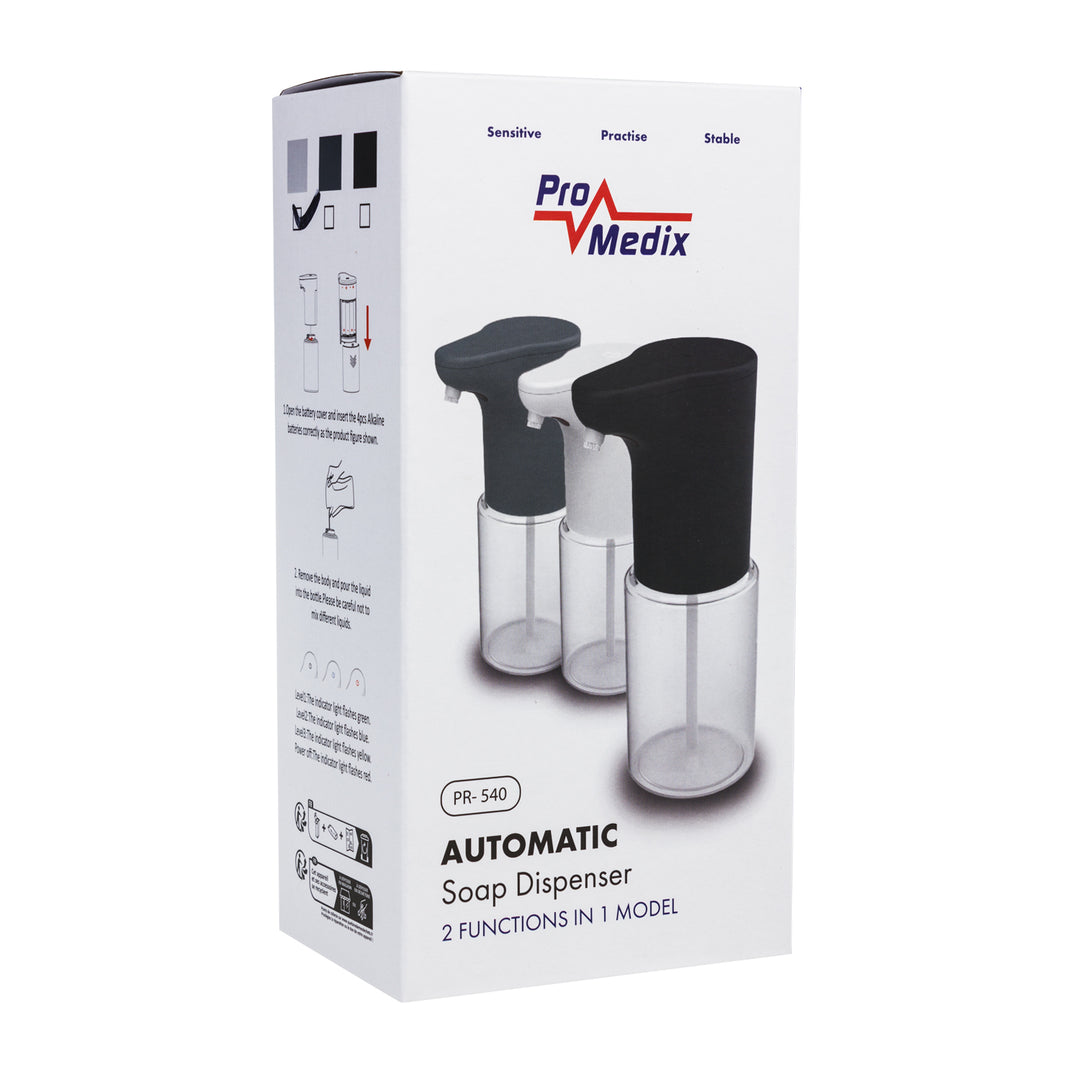 Distributeur automatique Promedix, récipient pour savons liquides, désinfectants liquides, 300ml, blanc, PR-540 W + 4 piles Varta Industrial AA
