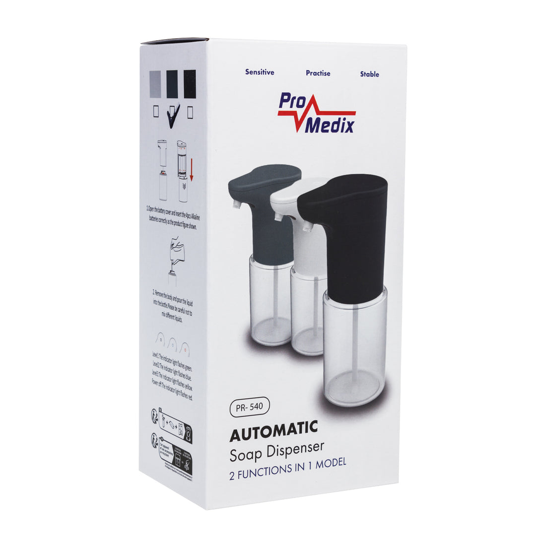 Distributeur automatique Promedix, récipient pour savons liquides, désinfectants liquides, 300ml, gris, PR-540 GR + 4 piles Varta Industrial AA