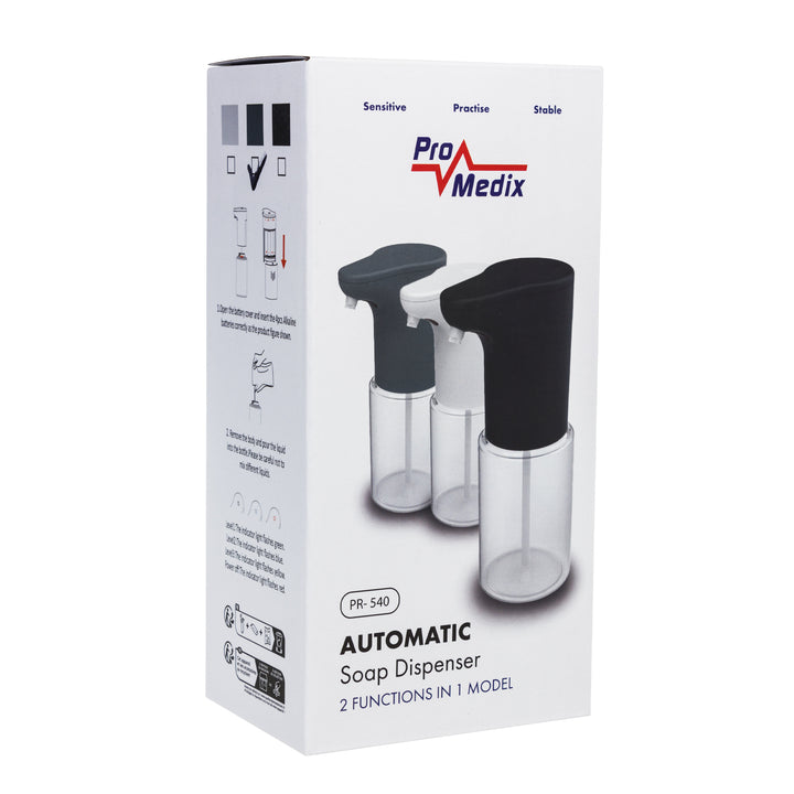 Distributeur automatique Promedix, récipient pour savons liquides, désinfectants liquides, 300ml, gris, PR-540 GR + 4 piles Varta Industrial AA